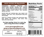 Back label of a bag of grown goodies brand cacao coconut all day granola showing ingredients, nutrition facts, storage instructions, and a barcode on a white background.
