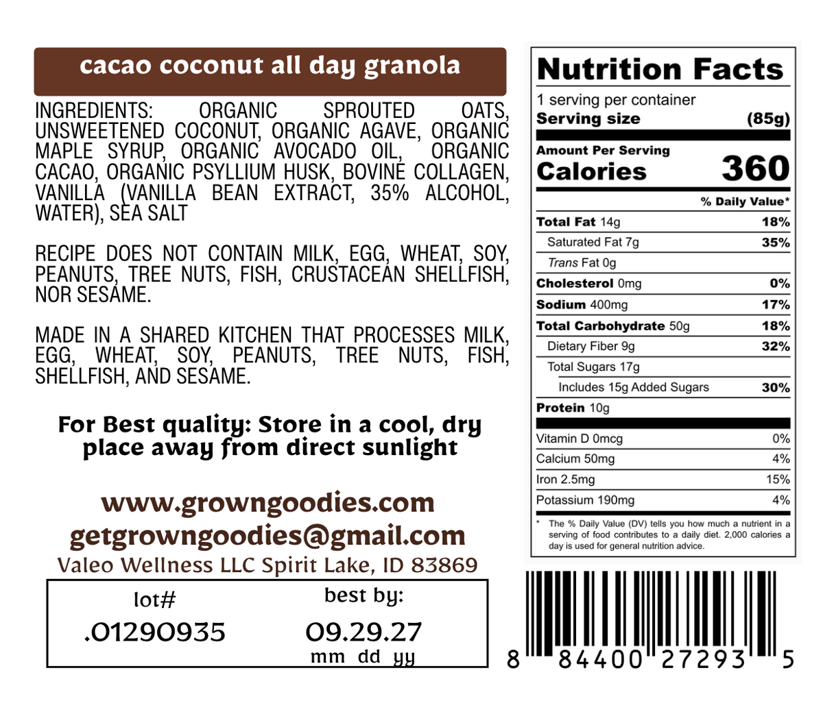Back label of a bag of grown goodies brand cacao coconut all day granola showing ingredients, nutrition facts, storage instructions, and a barcode on a white background.