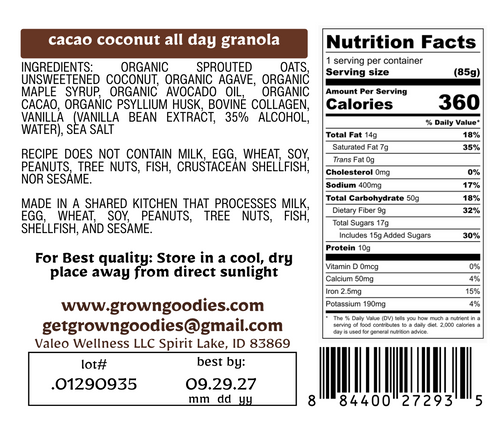 Back label of a bag of grown goodies brand cacao coconut all day granola showing ingredients, nutrition facts, storage instructions, and a barcode on a white background.