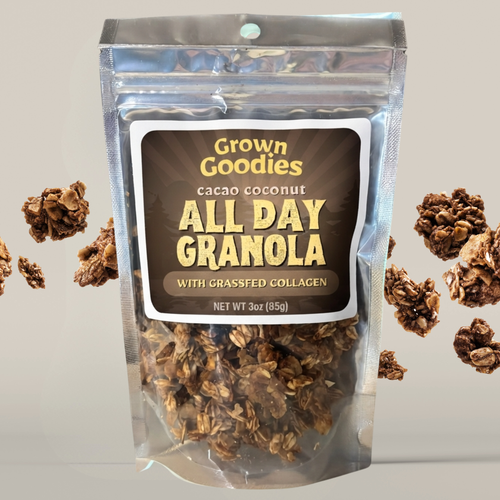 A 3 oz stand-up pouch of Grown Goodies Cacao Coconut All Day Granola with grassfed collagen, shown against a light beige background with floating granola clusters.