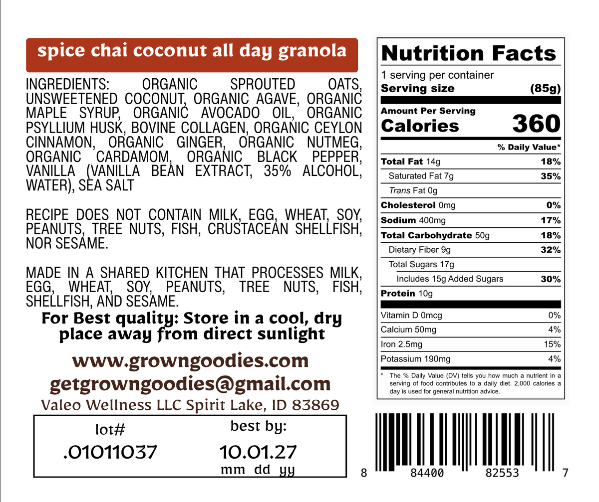 The back of a grown goodies brand spice chai coconut all day granola bag showing the nutrition facts panel, ingredients list, and barcode on a white background.
